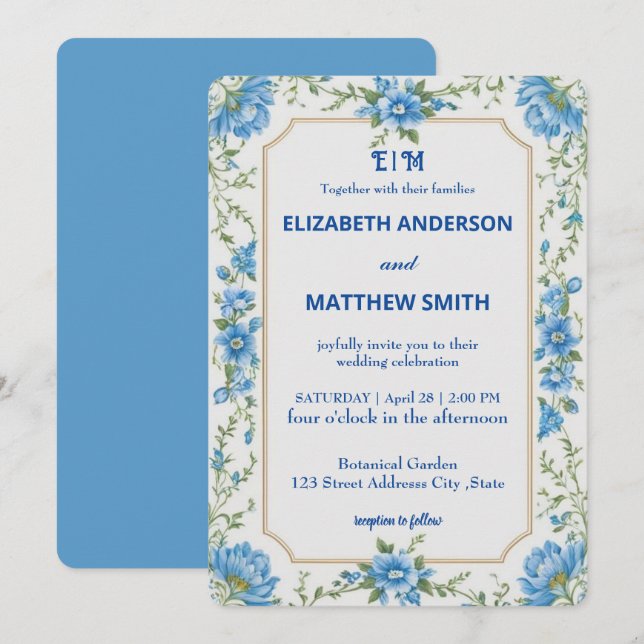 Modern  Blue & White Overlay Flowers wedding Invitation (Front/Back)