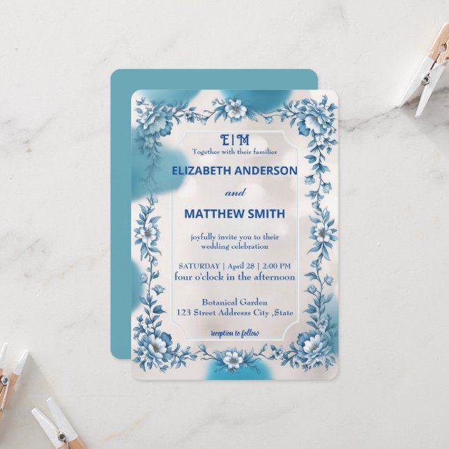 Modern  Blue & White Overlay Flowers wedding Invitation (Front/Back In Situ)