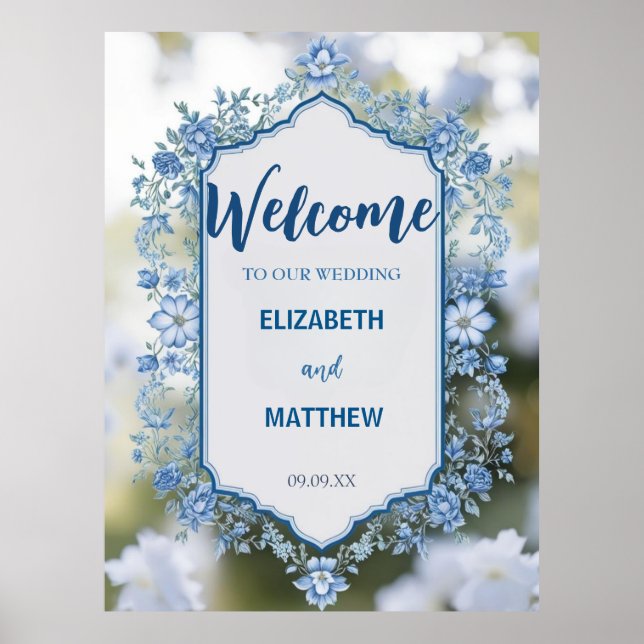 Modern  Blue & White Overlay Flowers wedding Poster (Front)