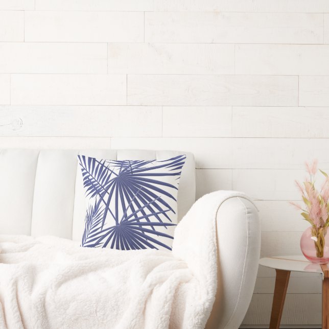 Modern Blue & White Palm Leaves Cushion (Couch)
