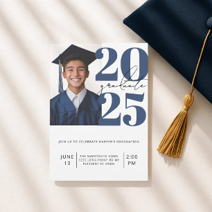 Modern Blue & White Photo Graduation Class of 2025 Invitation