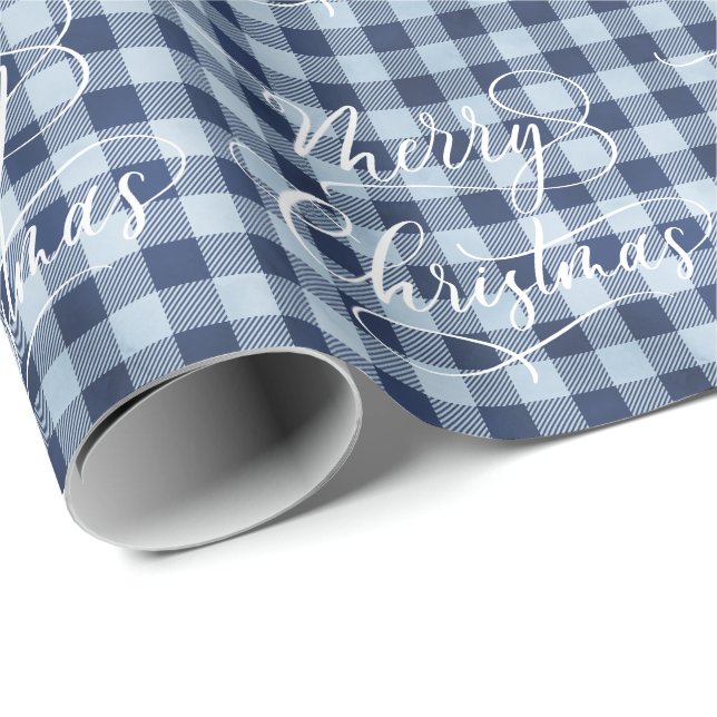Modern Blue White Plaid Christmas Holiday GIFT Wrapping Paper (Roll Corner)