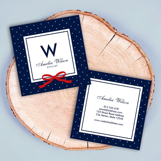 Modern Blue White Polka Dot Red Ribbon Monogram Square Business Card (Creator Uploaded)