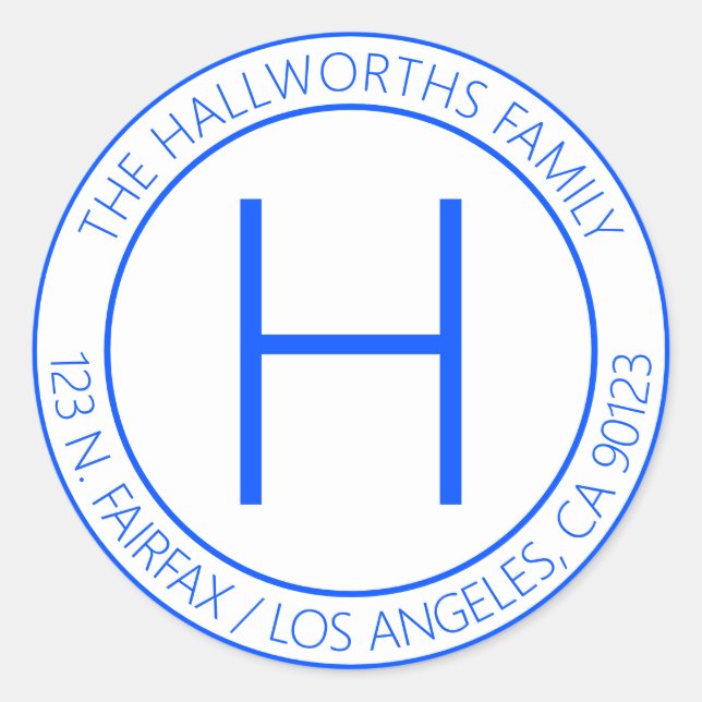 Modern Blue & White Return Address Classic Round Sticker (Front)