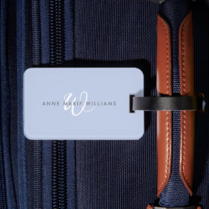 Modern Blue White Script Monogram Luggage Tag