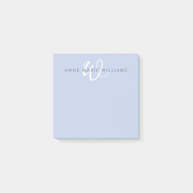 Modern Blue White Script Monogram Post-it Notes (Front)