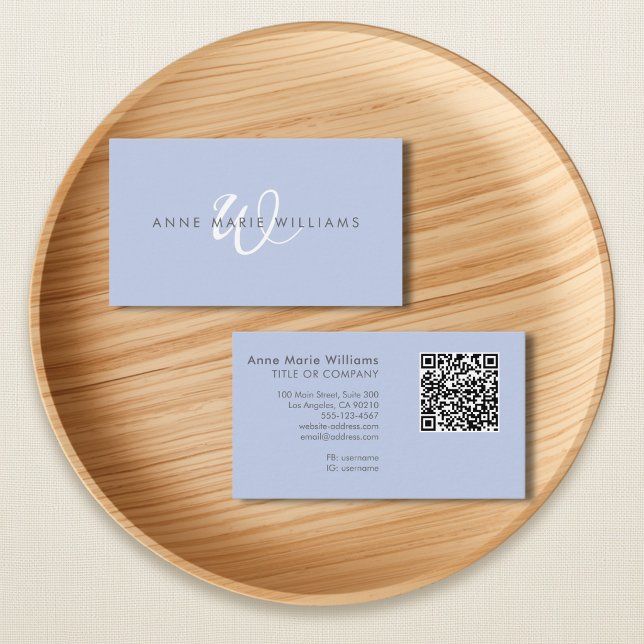 Modern Blue White Script Monogram QR Code Business Card (Creator Uploaded)