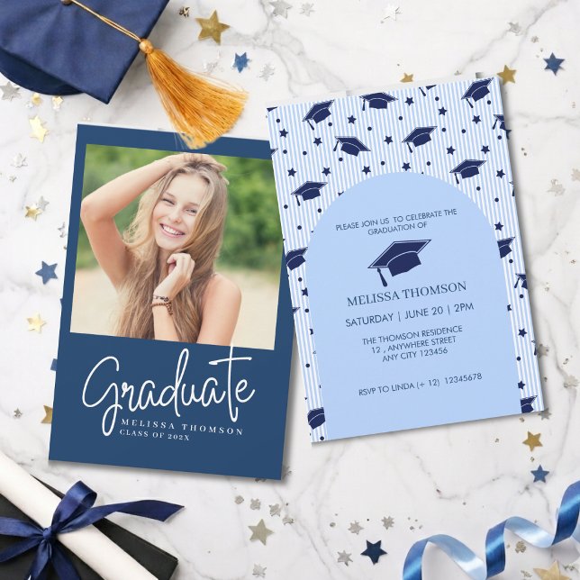Modern Blue White Script Photo Graduation Party   Invitation (Creator Uploaded)