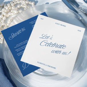 Modern Blue & White Script Wedding Menu Card