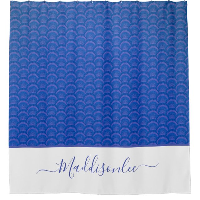 Modern Blue White Seashell Monogram Name Coastal Shower Curtain (Front)