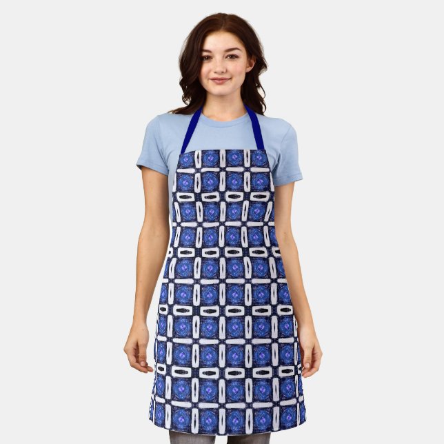 Modern Blue White Square Geometric Pattern Apron (Worn)