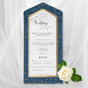 Modern Blue & White Starry Gold Dinner All In One Invitation