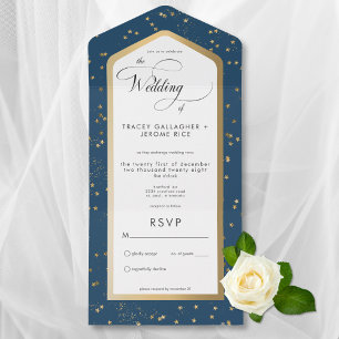 Modern Blue & White Starry Gold No Dinner All In One Invitation