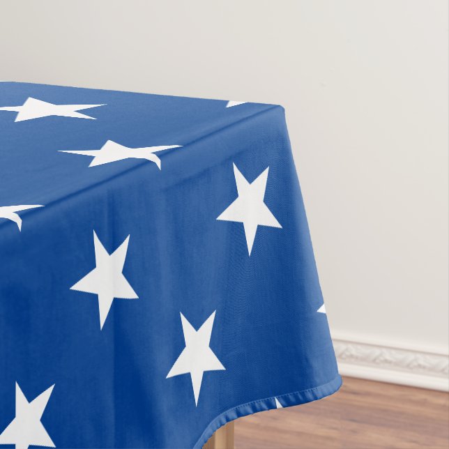 Modern blue & white stars graphic pattern fun tablecloth (In Situ)