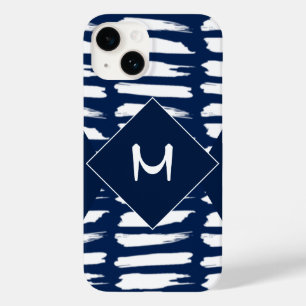 Modern Blue White Stripe Monogram Custom Case-Mate iPhone 14 Case