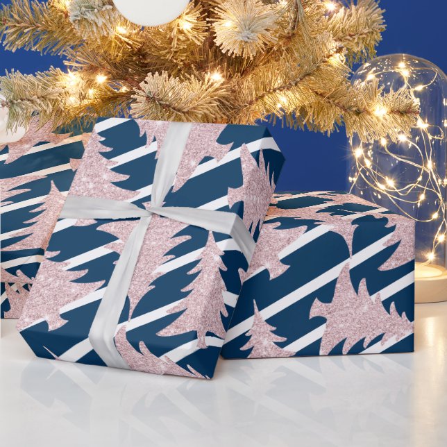 Modern Blue White Stripe Rose Gold Christmas Tree Wrapping Paper (Holidays)