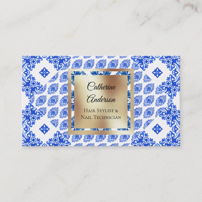 Modern blue white tiles gold square mediterranean business card (Front)