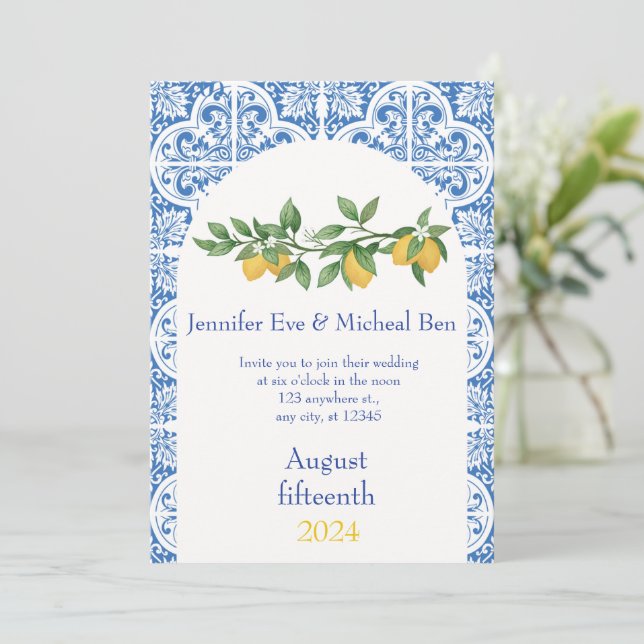 Modern Blue & White Tiles Lemon Wedding Invitation (Standing Front)