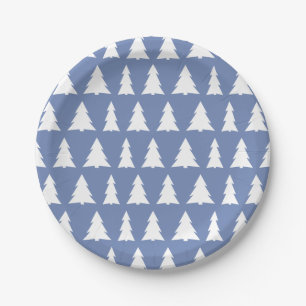 Modern Blue White Tree Pattern Holiday Party Paper Plate