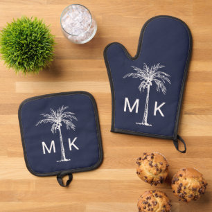 Modern Blue White Tropical Palm Tree Monogram Oven Mitt & Pot Holder Set