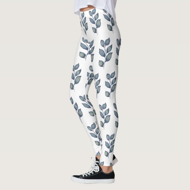 Modern Blue & White Watercolor Foliage  Leggings (Left)