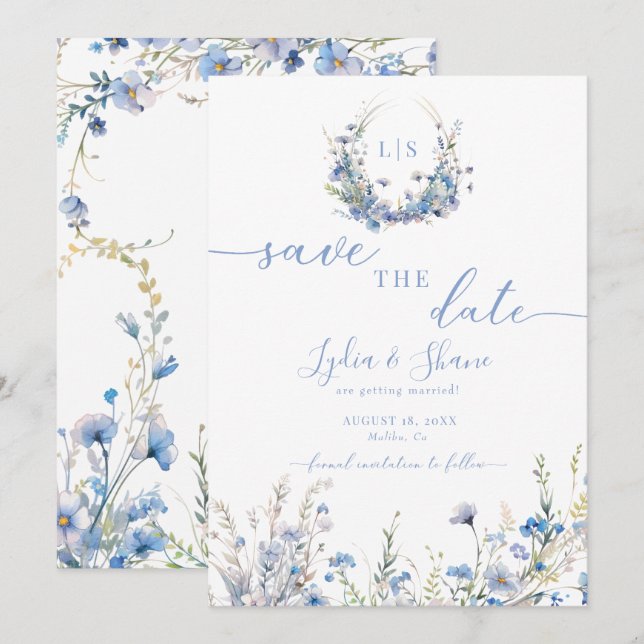 Modern Blue Wildflowers  Save The Date (Front/Back)