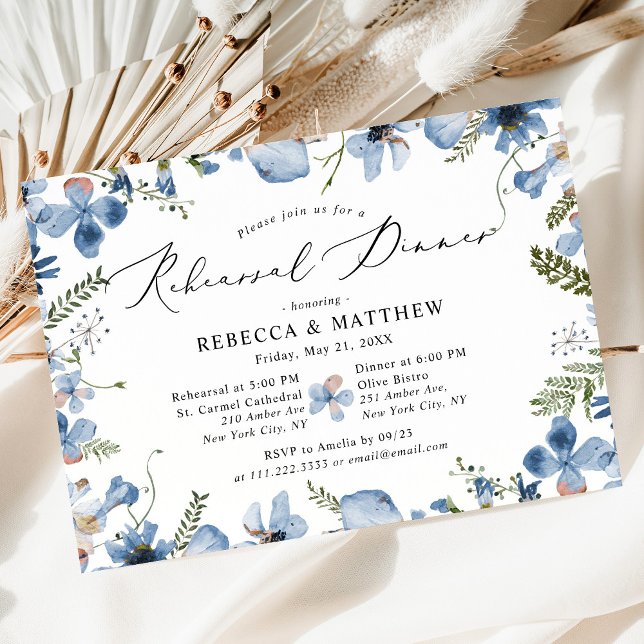 Modern Blue Wildflowers Wedding Rehearsal Dinner Invitation (Creator Uploaded)