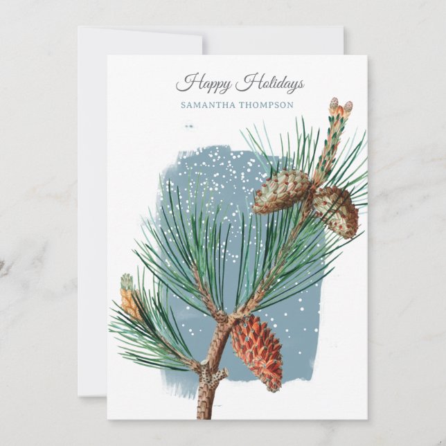 Modern Blue Winter Snow Pine Cone Christmas Holiday Card (Front)