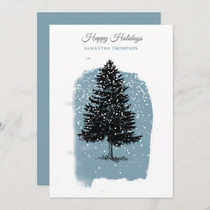 Modern Blue Winter Snow Vintage Christmas Tree Holiday Card