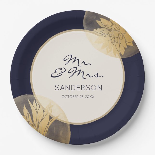 Modern Blue  with  Gold Succulents Wedding Paper Plate (Front)