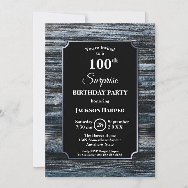 Modern Blue Wood Surprise 100th Birthday Party Invitation (Front)