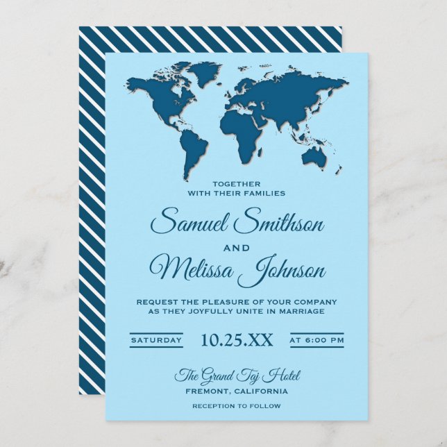 Modern Blue World Map Wedding Invitation (Front/Back)