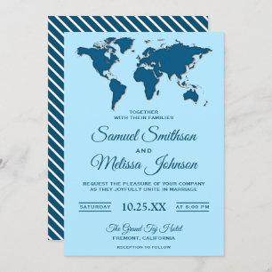 Modern Blue World Map Wedding Invitation