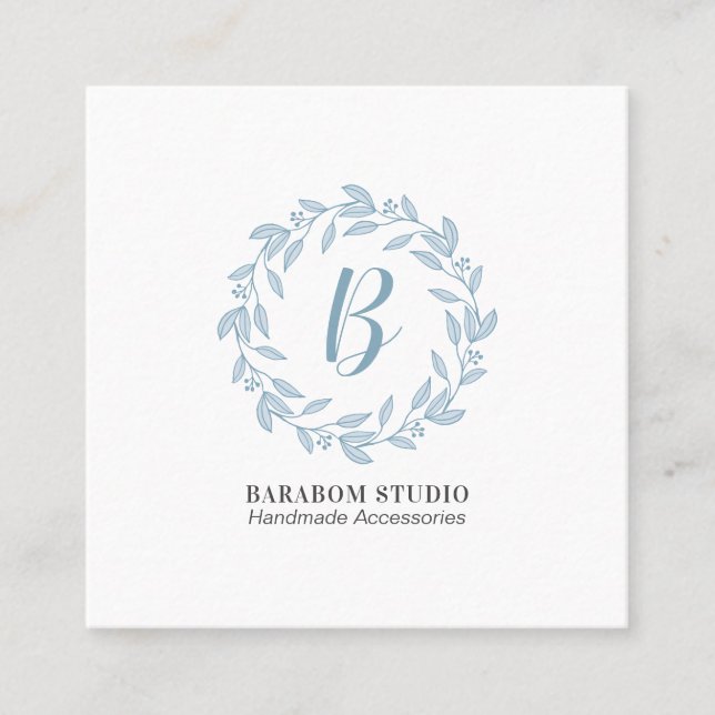 Modern  Blue Wreath Monogram Professional Square Business Card (Front)