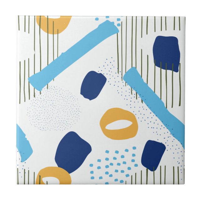 Modern Blue Yellow Abstract Geometric Retro Design Tile (Front)