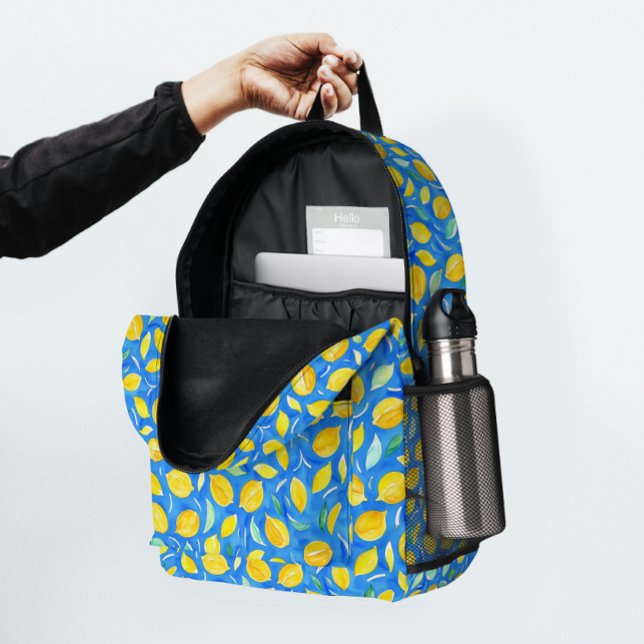 Modern Blue Yellow Citrus Lemon Watercolor Pattern Printed Backpack (Creator Uploaded)