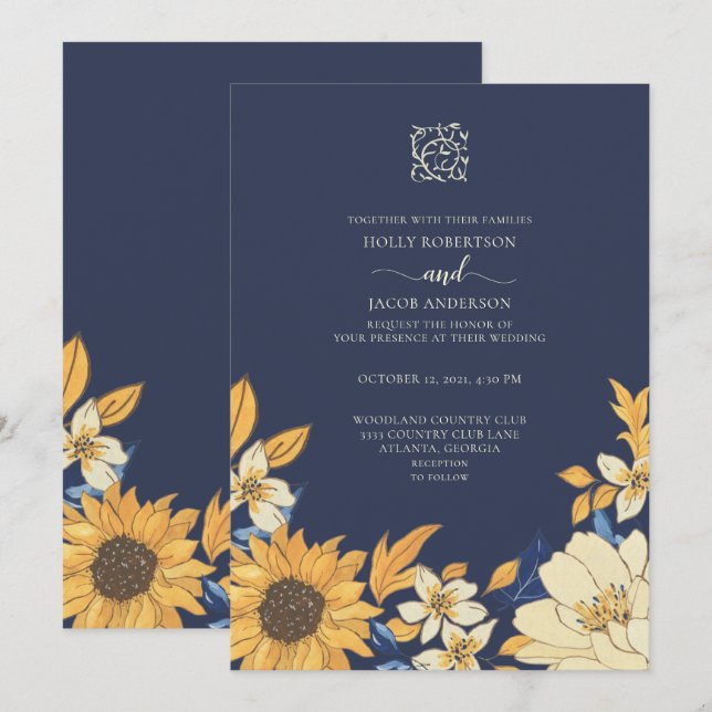 Modern Blue Yellow Cream Sunflower Floral Wedding Invitation (Front/Back)
