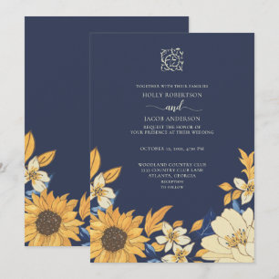 Modern Blue Yellow Cream Sunflower Floral Wedding Invitation