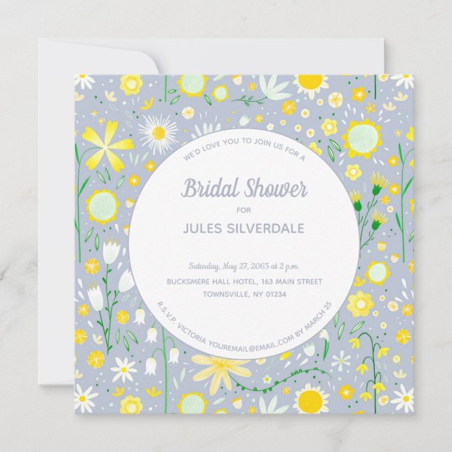 Modern Blue Yellow Floral Bridal Shower Invitation (Front)
