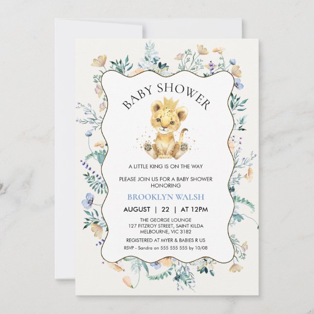 Modern Blue Yellow Floral Lion Baby Shower Invitation (Front)