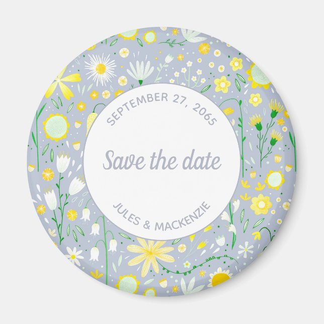Modern Blue Yellow Floral Save The Date Magnet (Front)