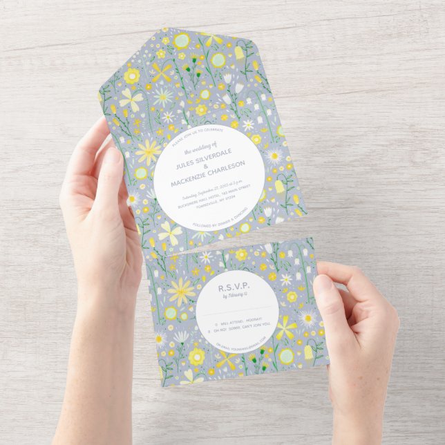 Modern Blue Yellow Floral Wedding All In One Invitation (Tearaway)