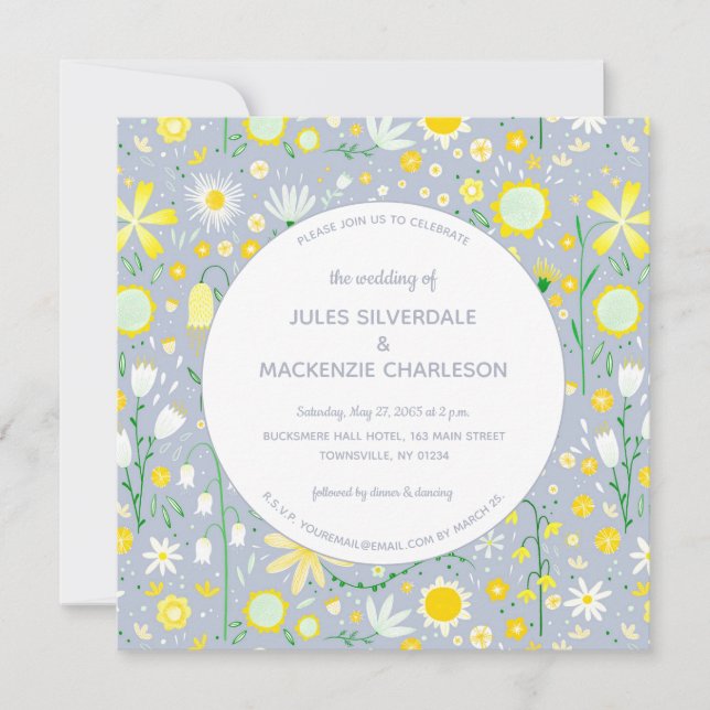 Modern Blue Yellow Floral Wedding Invitation (Front)