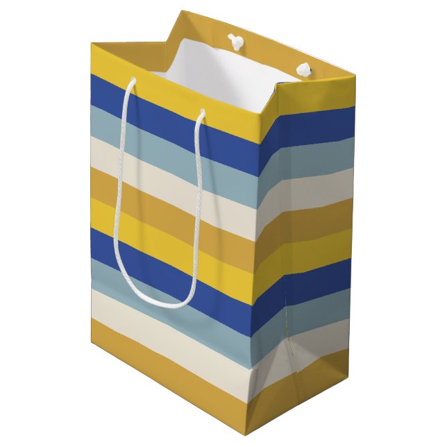 Modern blue yellow gold cream stripes Hanukkah Medium Gift Bag (Front Angled)
