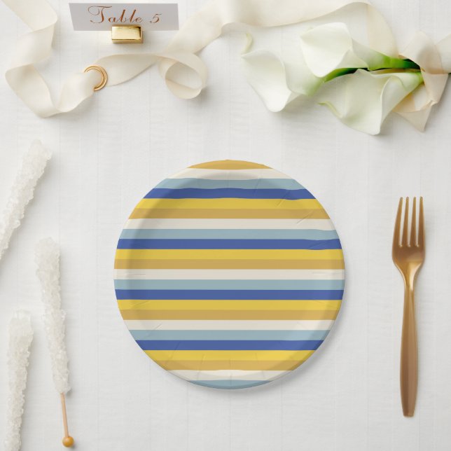Modern blue yellow gold cream stripes Hanukkah Paper Plate (Wedding)