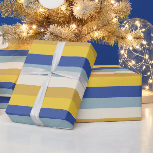Modern blue yellow gold cream stripes Hanukkah Wrapping Paper