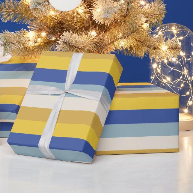 Modern blue yellow gold cream stripes Hanukkah Wrapping Paper (Holidays)