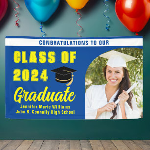 Modern Blue Yellow Graduation Photo Party Banner