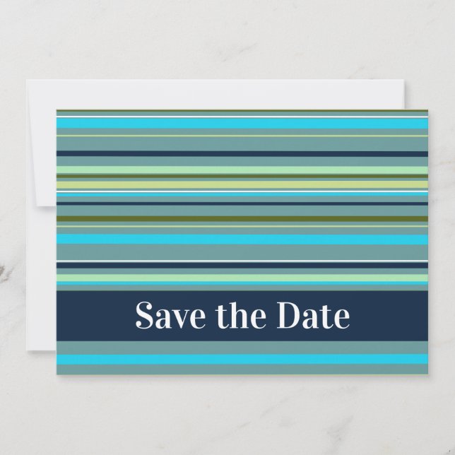 Modern Blue Yellow Green Stripes Happy Birthday Save The Date (Front)