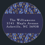 Modern Blue Yellow Hanukkah Floral Return Address Classic Round Sticker<br><div class="desc">Modern Boho Blue Yellow Hanukkah Botanical Custom Return Address Classic Round Sticker</div>